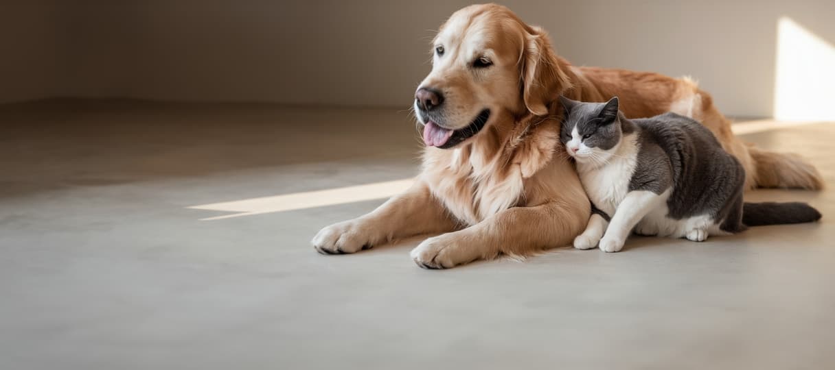 Golden retriever resting beside a gray-and-white cat